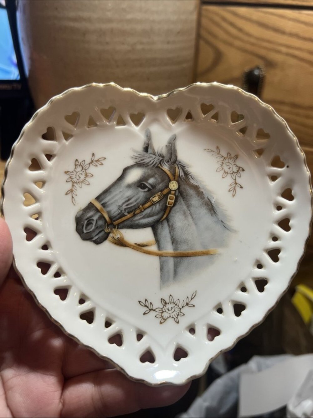 Vintage Porcelain Heart Shaped Horse Dish Wall Hanging Japan 5 Inch